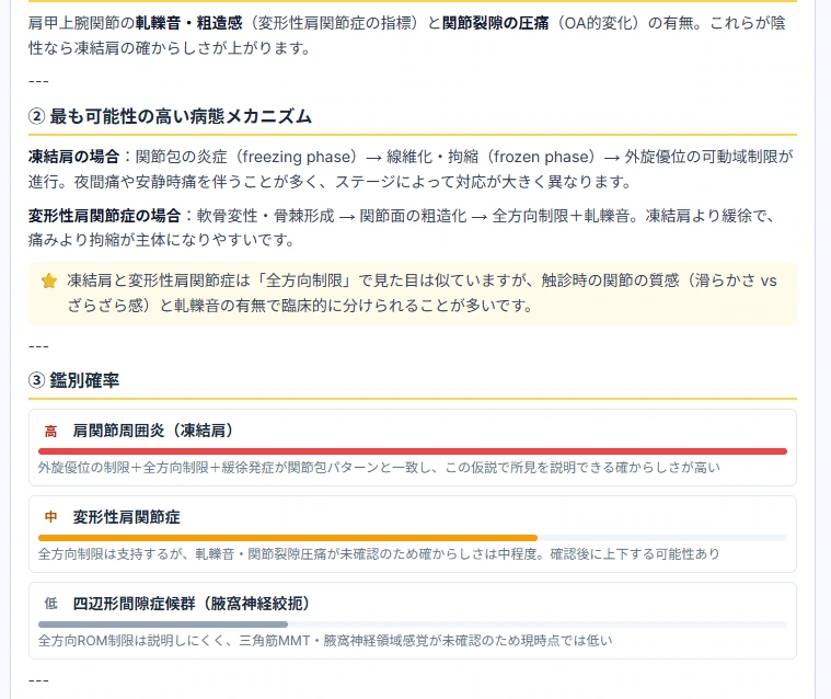 病態メカニズムの説明と、鑑別確率を高・中・低のバーで示した画面。それぞれに理由が添えられている