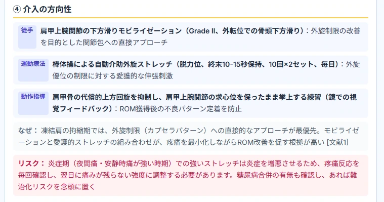 介入の方向性の画面。徒手・運動療法・動作指導に分けて具体的な内容が示され、なぜその介入か、リスクとしての注意点も添えられている